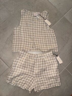 Laura Ashley Beige and White Gingham Tank Top and Shorts Set